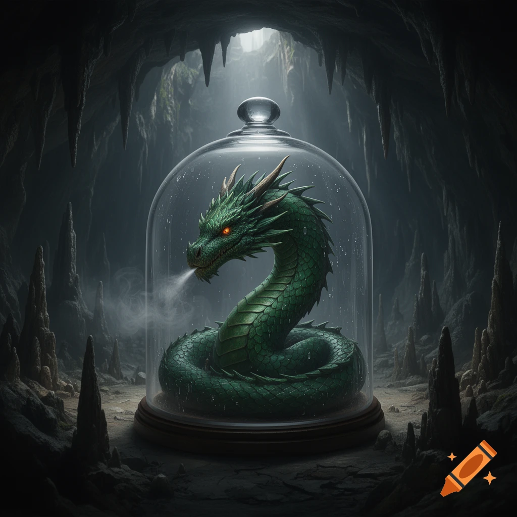 A green dragon with glowing red eyes sits coiled inside a glass cloche in a dark, mysterious cave, exhaling mist.