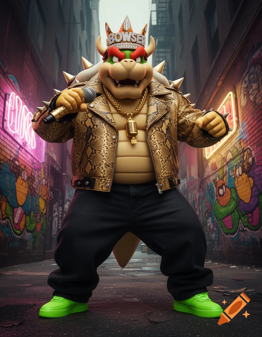 Bowser as a rapper in a gold snakeskin jacket, black pants, and neon green sneakers, wearing a diamond 'BOWSER' crown and a gold chain, holding a microphone in a graffiti-covered alley.