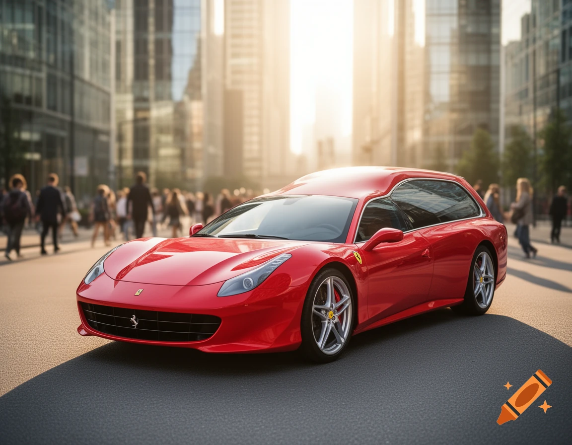 A red Ferrari sports car with a station wagon rear parked on a city street, with blurred buildings and people in the sunny background.