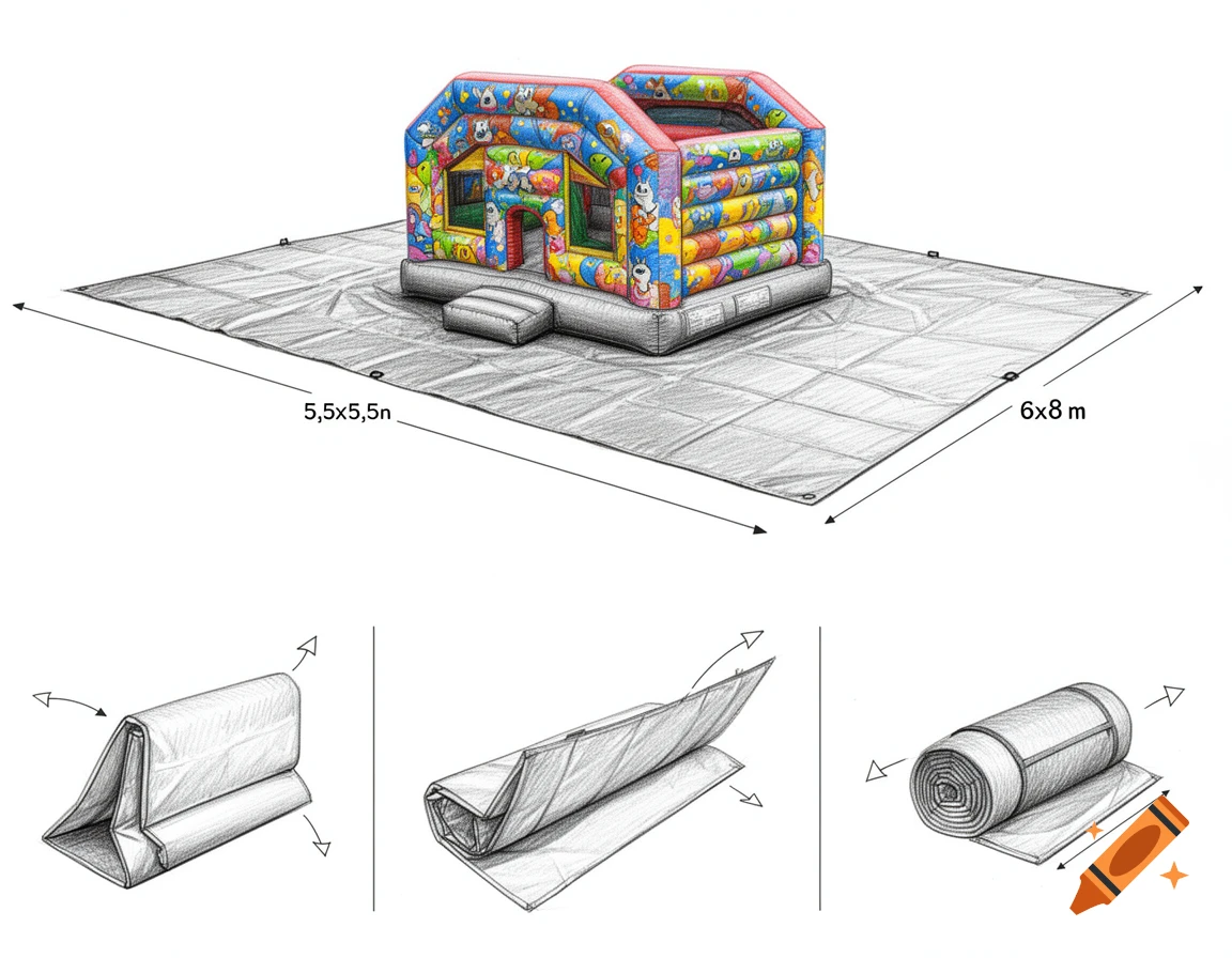 Pencil drawing showing a bouncy castle on a tarp with dimensions, and three steps for folding the tarp.