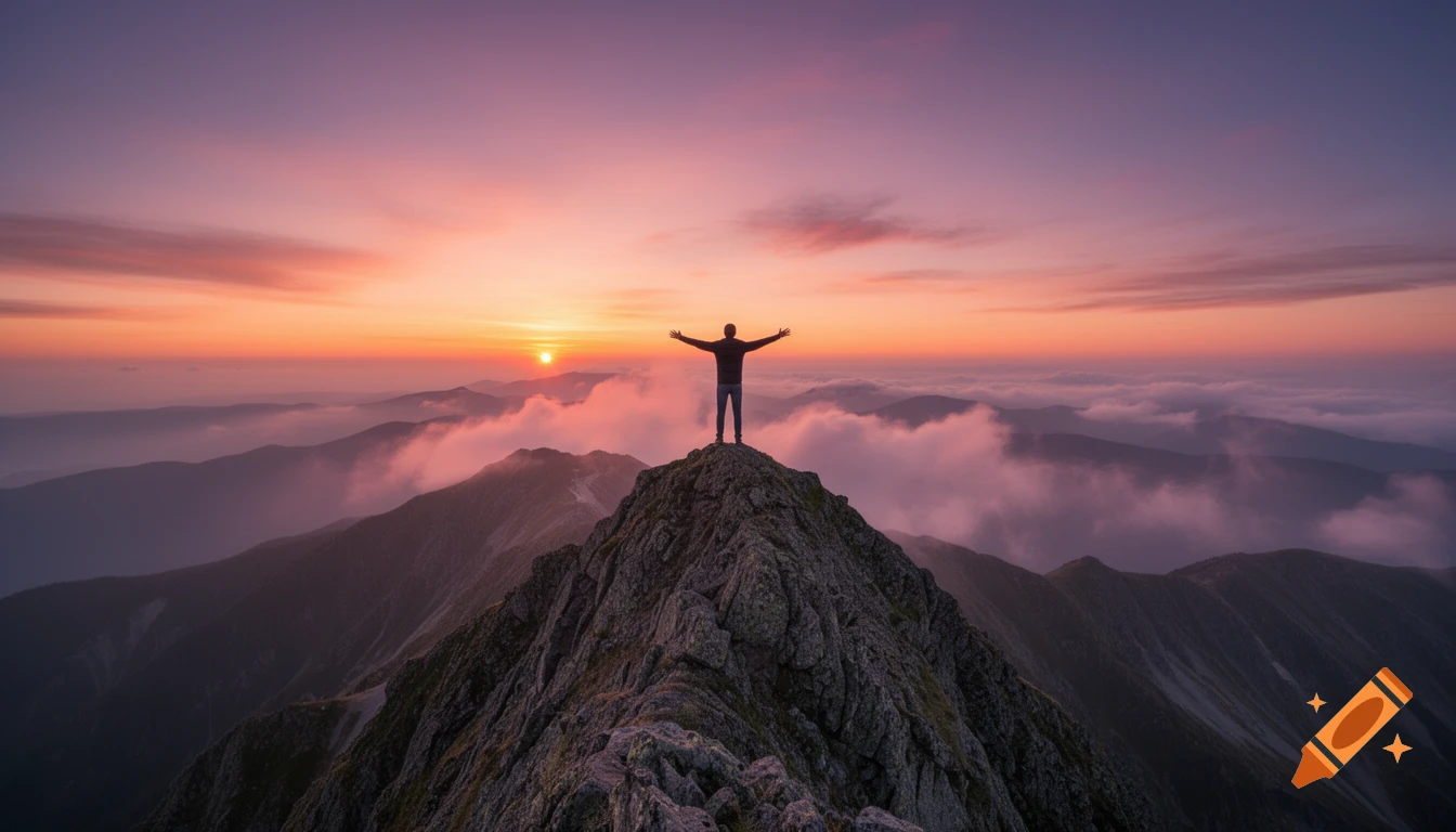 A person stands with arms outstretched on a mountain peak at sunset, overlooking a vast, cloud-covered mountain range.