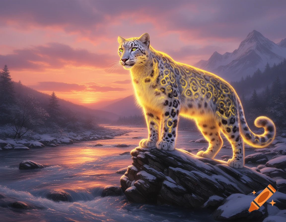 A glowing, mystical snow leopard stands on a snowy rock by a flowing river in a vibrant sunset mountain landscape, digital art.