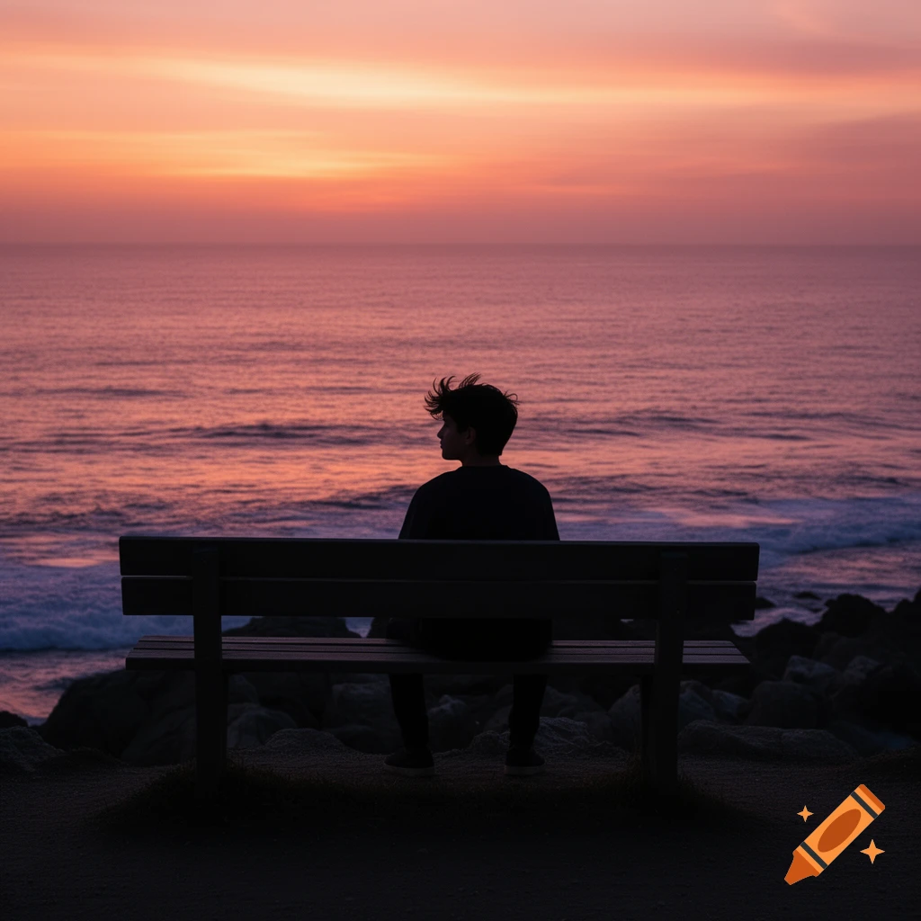 A silhouetted person sits on a bench, gazing at a vibrant orange and purple ocean sunset.