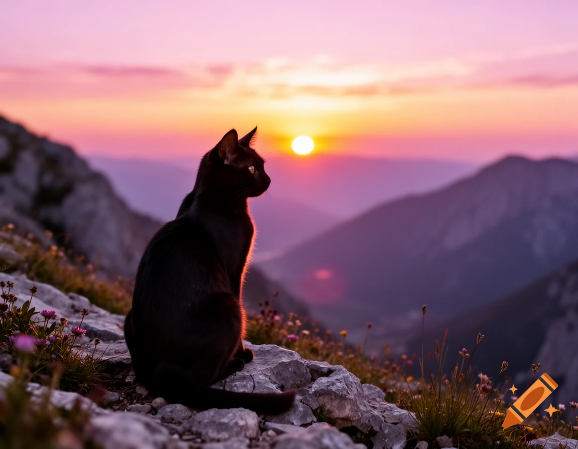 A silhouetted black cat sits on a rocky mountain peak, gazing at a vibrant pink and orange sunset over distant mountains.