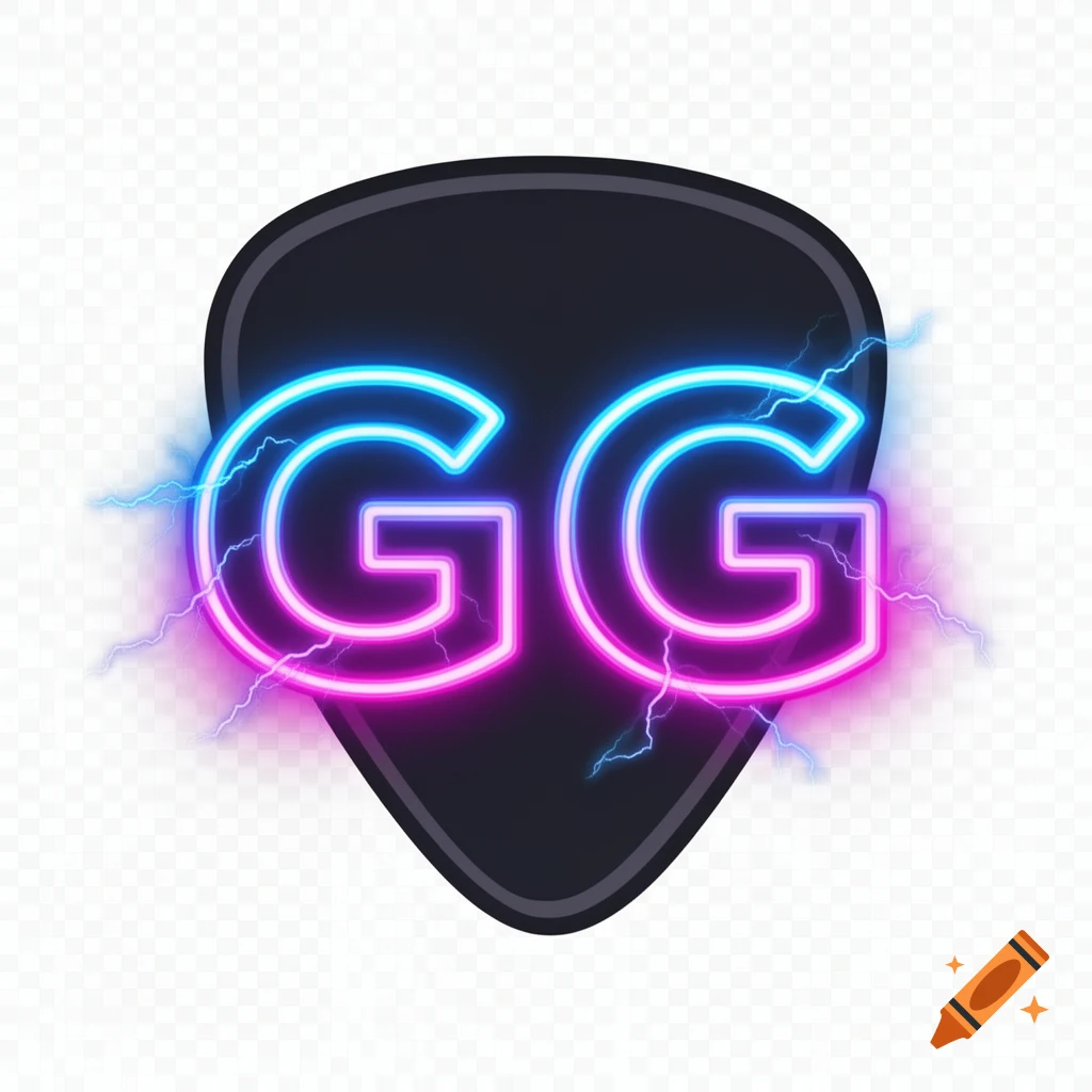 Neon blue and pink 'GG' letters with electric effects on a black guitar pick.