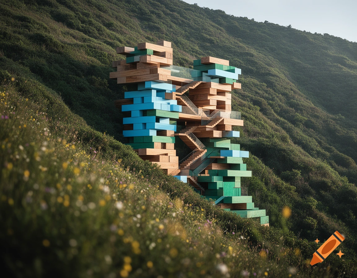 Modern, Jenga-like building with wood and colorful blocks nestled into a lush green hillside under a clear sky.