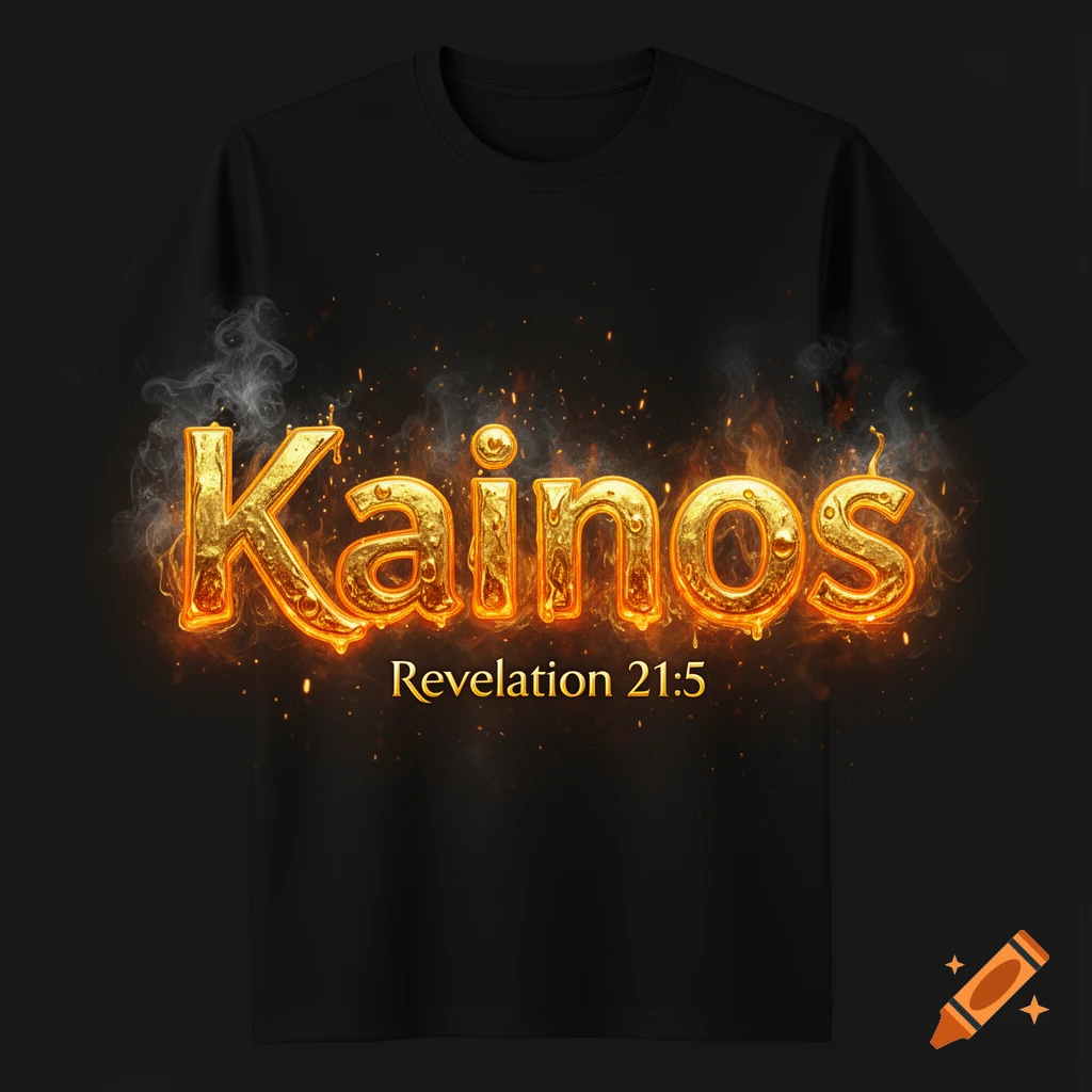 Black t-shirt with molten gold text 'Kainos' above 'Revelation 21:5', surrounded by fire and smoke.