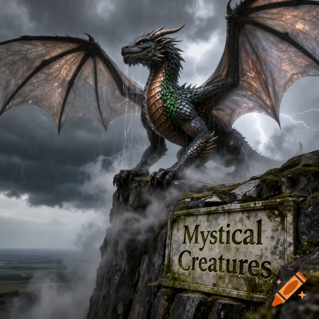 A detailed dark dragon with green scales perches on a misty cliff under a stormy, lightning-filled sky. A sign says 'Mystical Creatures'.