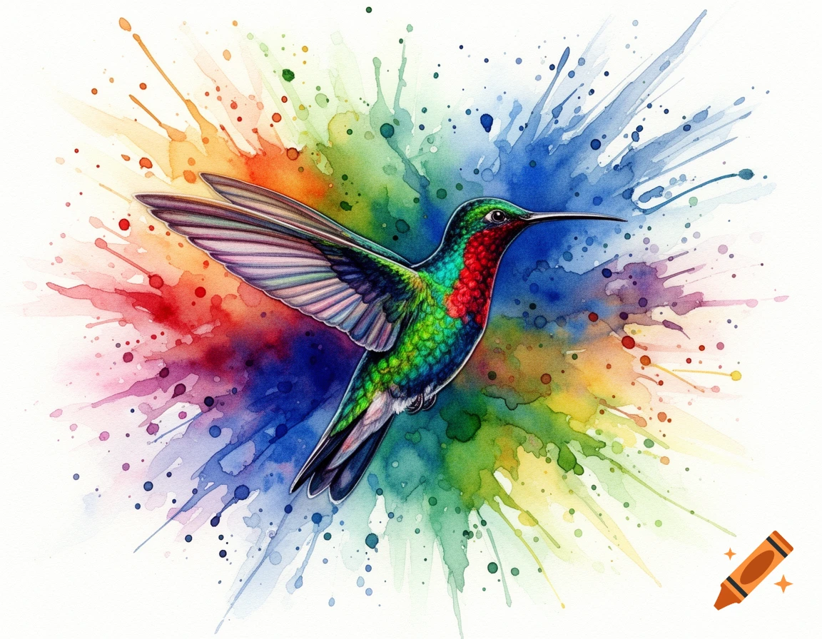 A vibrant hummingbird painted in watercolor, flying amidst an explosion of colorful paint splatters.