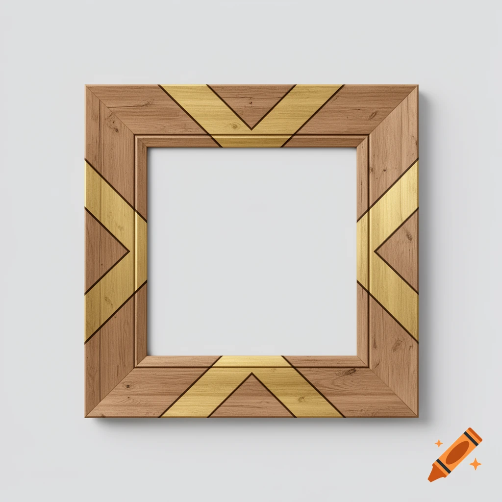 Square wooden picture frame with gold chevron patterns, casting a shadow on a light gray wall.