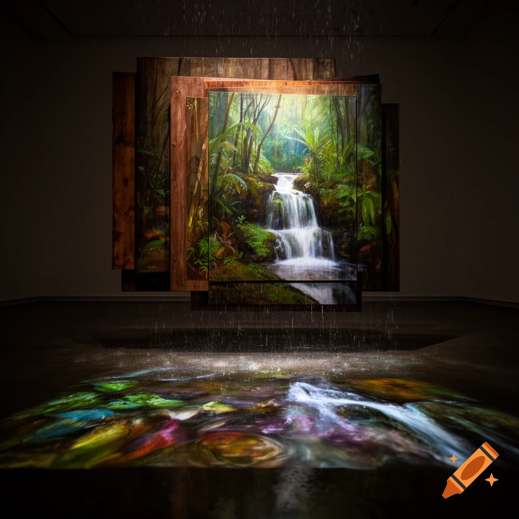 A multi-panel art installation displays a vibrant tropical waterfall painting, with real water falling onto a dark floor reflecting colorful abstract patterns.