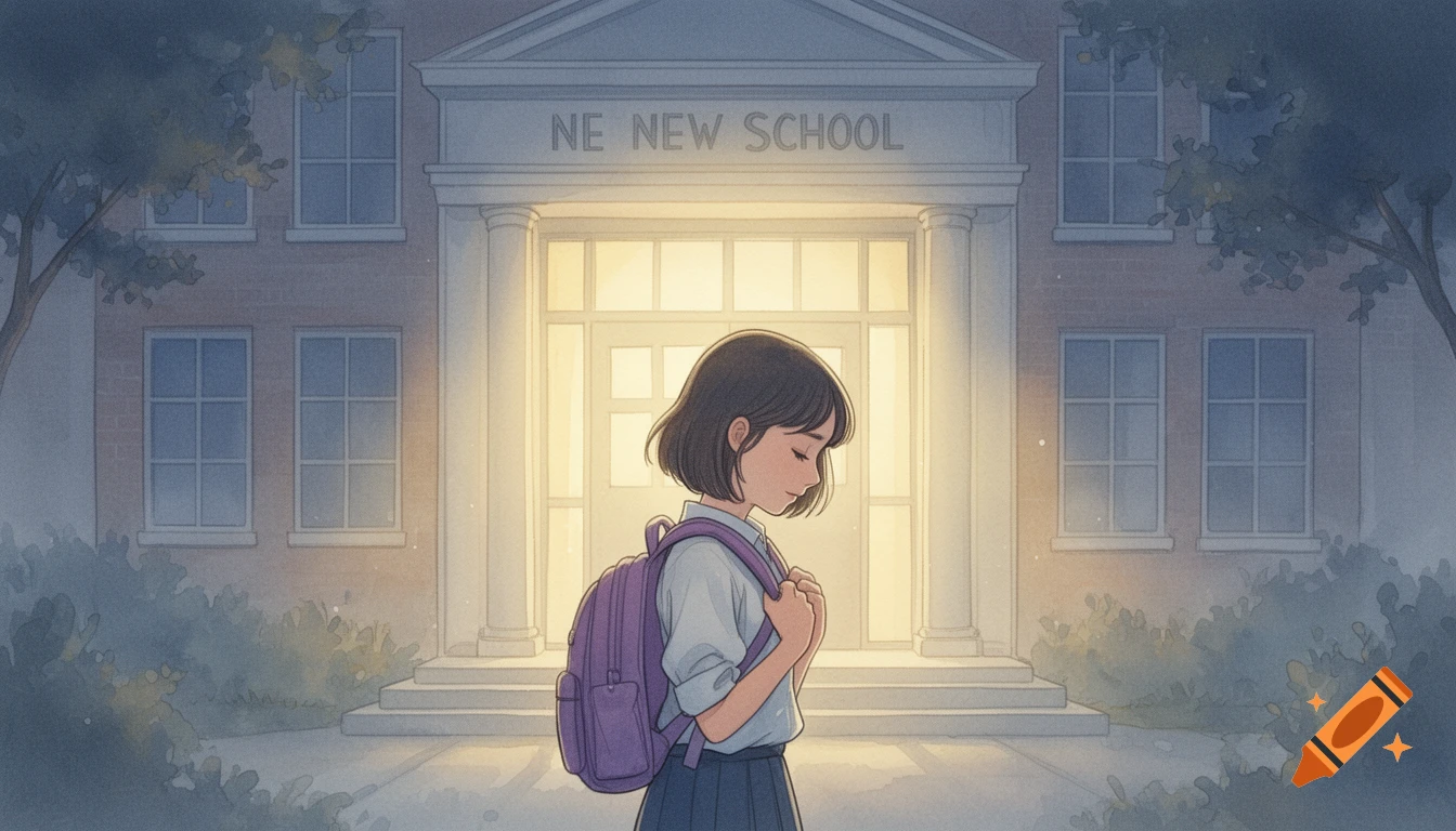 A nervous girl with a purple backpack stands in front of a warm-lit school entrance, in a horizontal watercolor illustration.