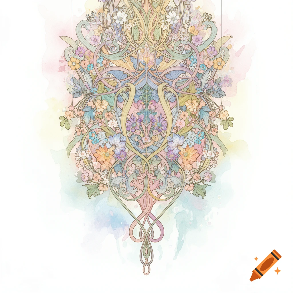 Ornate symmetrical floral and scrollwork design in soft pastels, with a light watercolor background in Art Nouveau style.