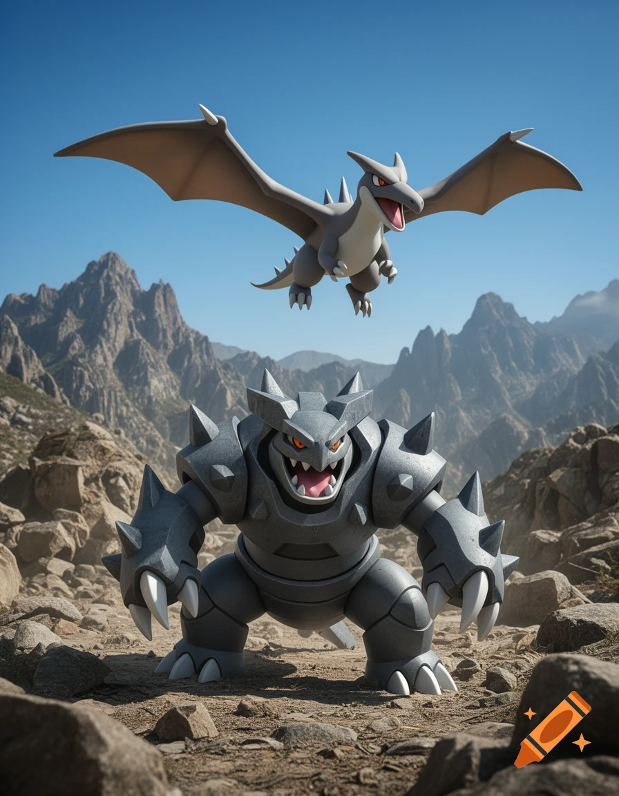 Aerodactyl flies above Aggron standing on rocky terrain with mountains under a clear sky in a 3D rendered style.