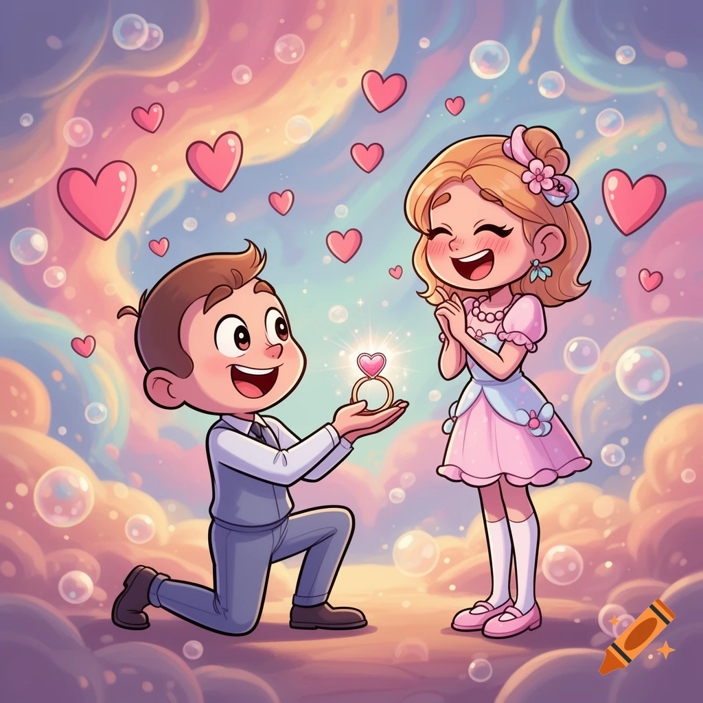 A happy cartoon boy proposes to a delighted cartoon girl with a sparkling heart-shaped ring in a dreamy sky with floating hearts and bubbles.