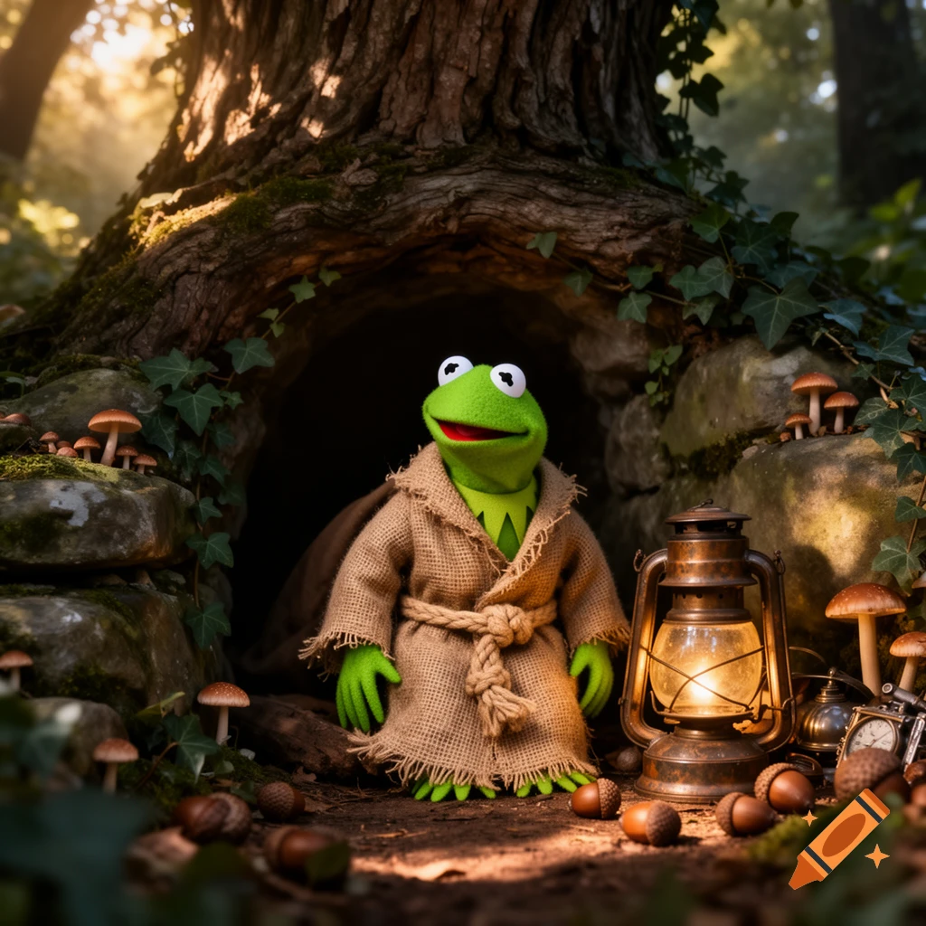 Kermit the Frog, dressed in a burlap robe, sits in front of a tree hollow in a sunlit forest, surrounded by mushrooms, acorns, and a lit lantern. Photorealistic style.