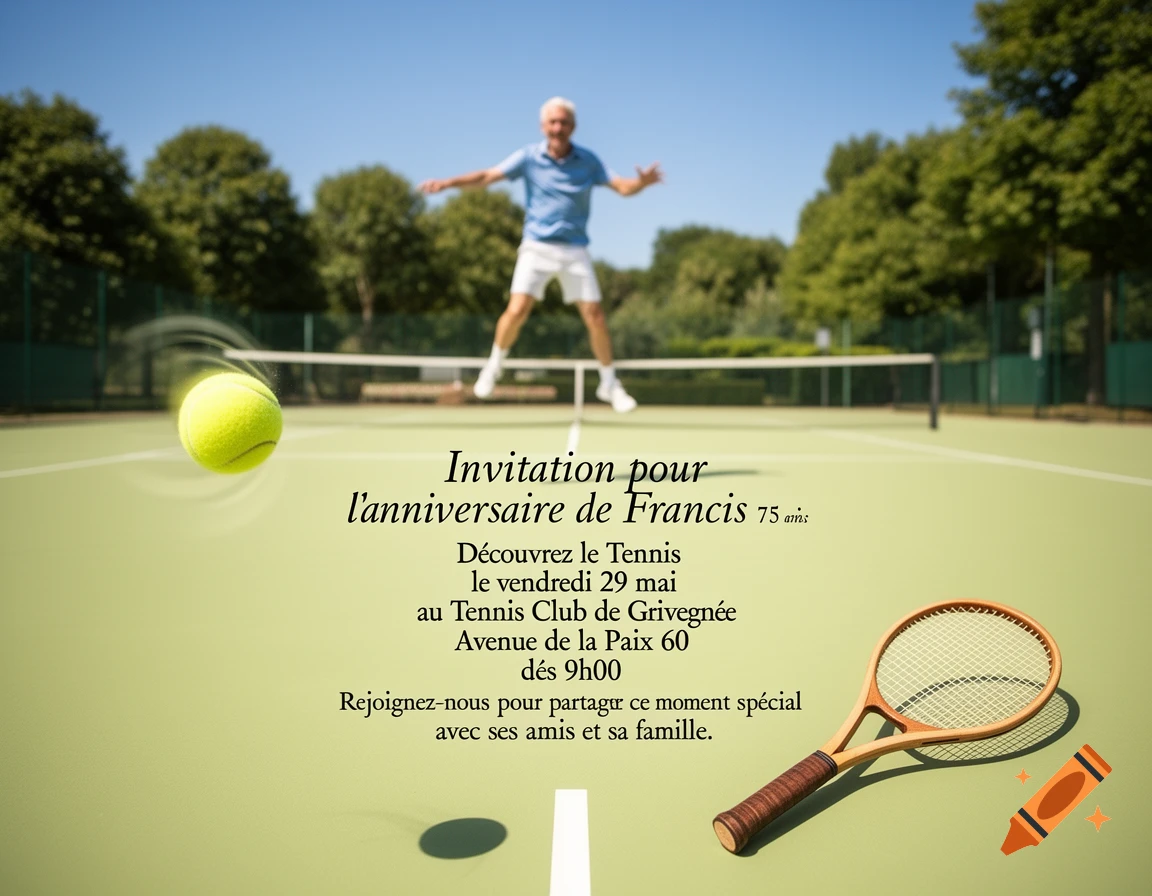 An invitation to a 75th birthday tennis event, with a blurred elderly man jumping over a net and a tennis racket and ball on the court in the foreground.