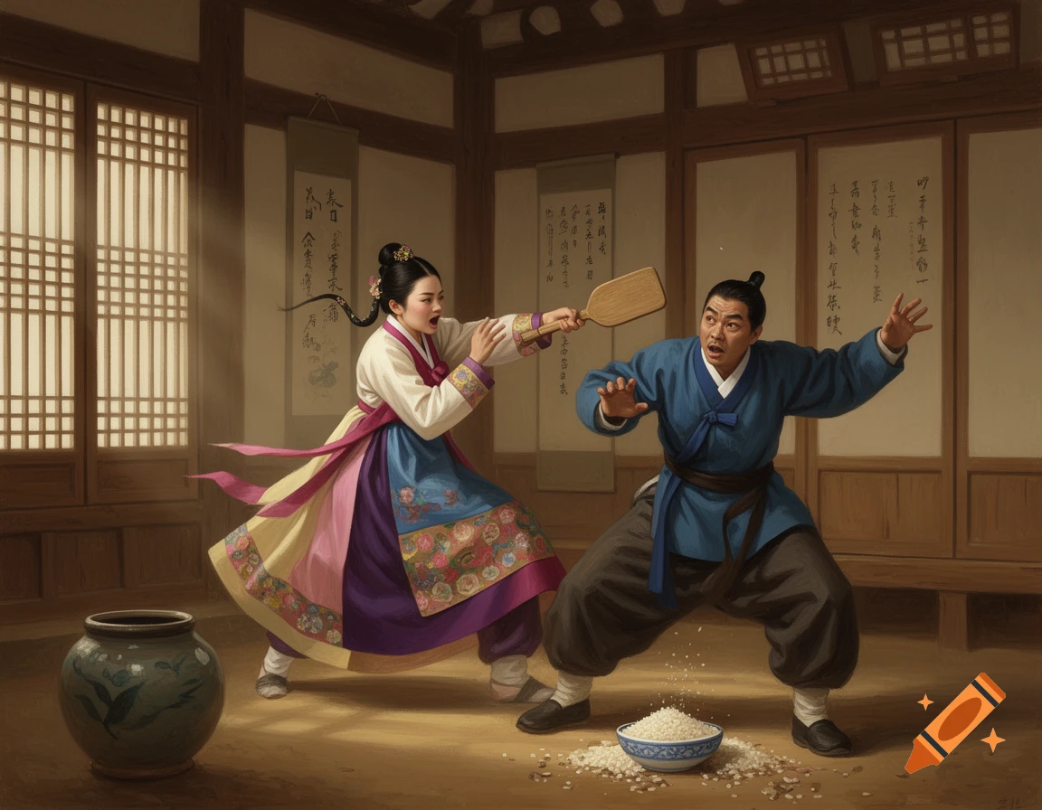 A woman in a colorful hanbok brandishes a rice paddle at a cowering man, spilling rice in a traditional Korean room. Painting.