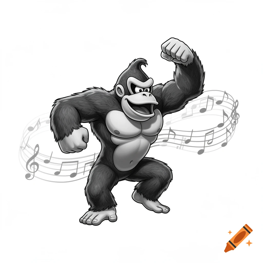 Monochrome cartoon gorilla in Donkey Kong style dancing amidst musical notes on a white background.