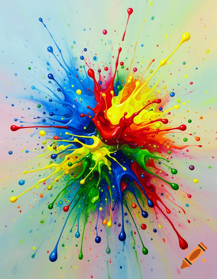 A vibrant, dynamic splash of red, yellow, blue, and green paint explodes outwards.