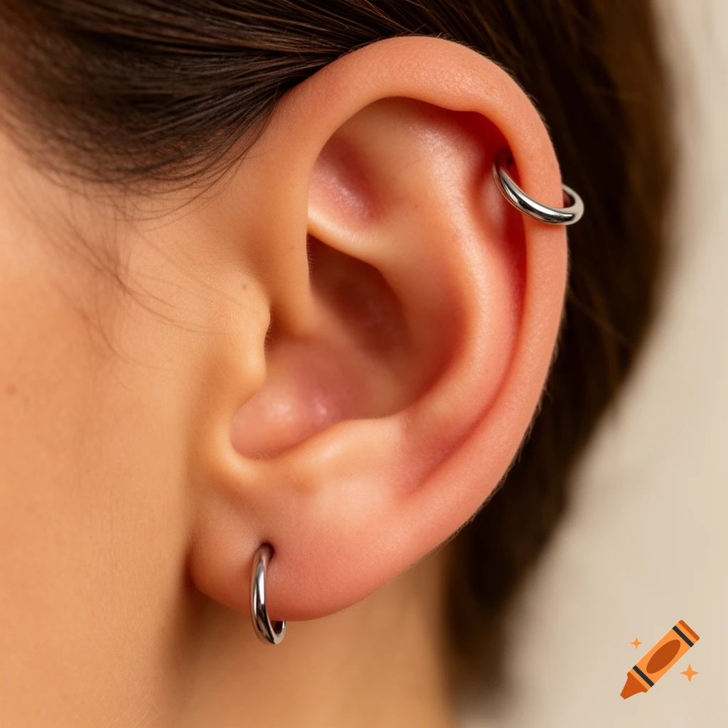 Close-up of a human ear with two silver hoop piercings, one on the lobe and one helix piercing.