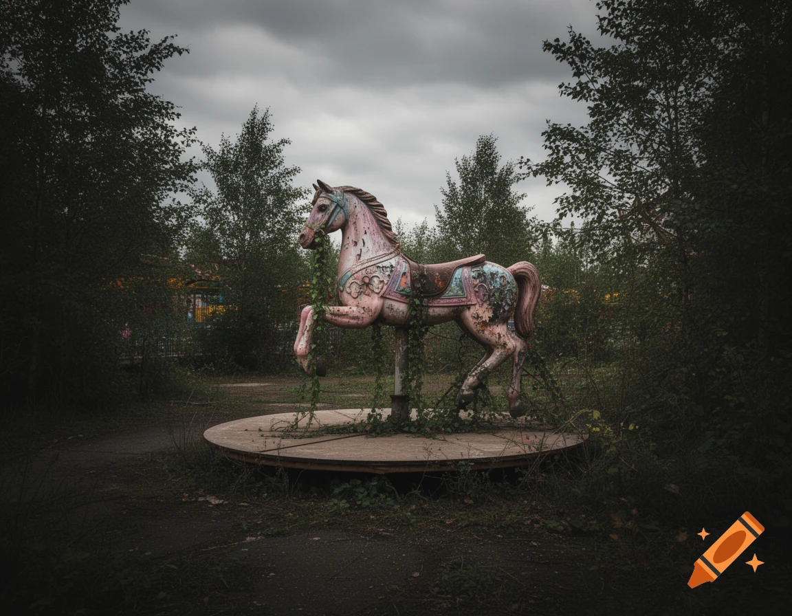 An abandoned, vine-covered carousel horse stands on a decaying platform in a desolate, overgrown landscape under a stormy sky.