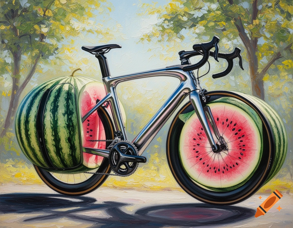 An oil painting of a bicycle with vibrant red and green watermelon slices for wheels, parked on a path with green trees in the background.