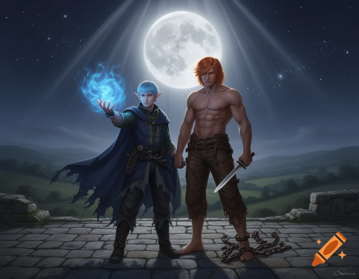A blue-haired elf mage casts blue magic next to a muscular, red-haired warrior with a dagger and chains, under a full moon on a stone path.