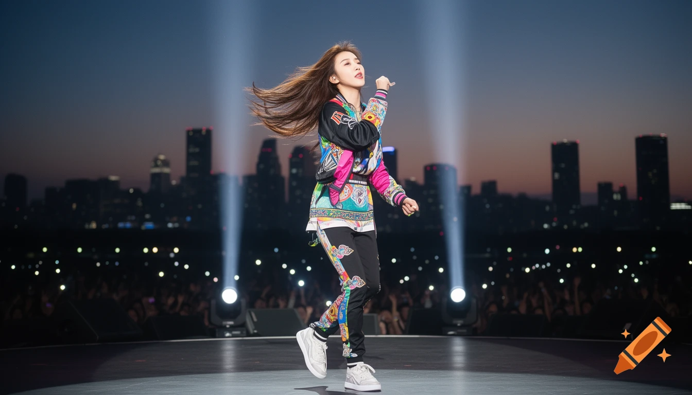 A K-pop star performs on stage, wearing a colorful patterned outfit, with her hair flowing, against a city skyline backdrop at dusk.