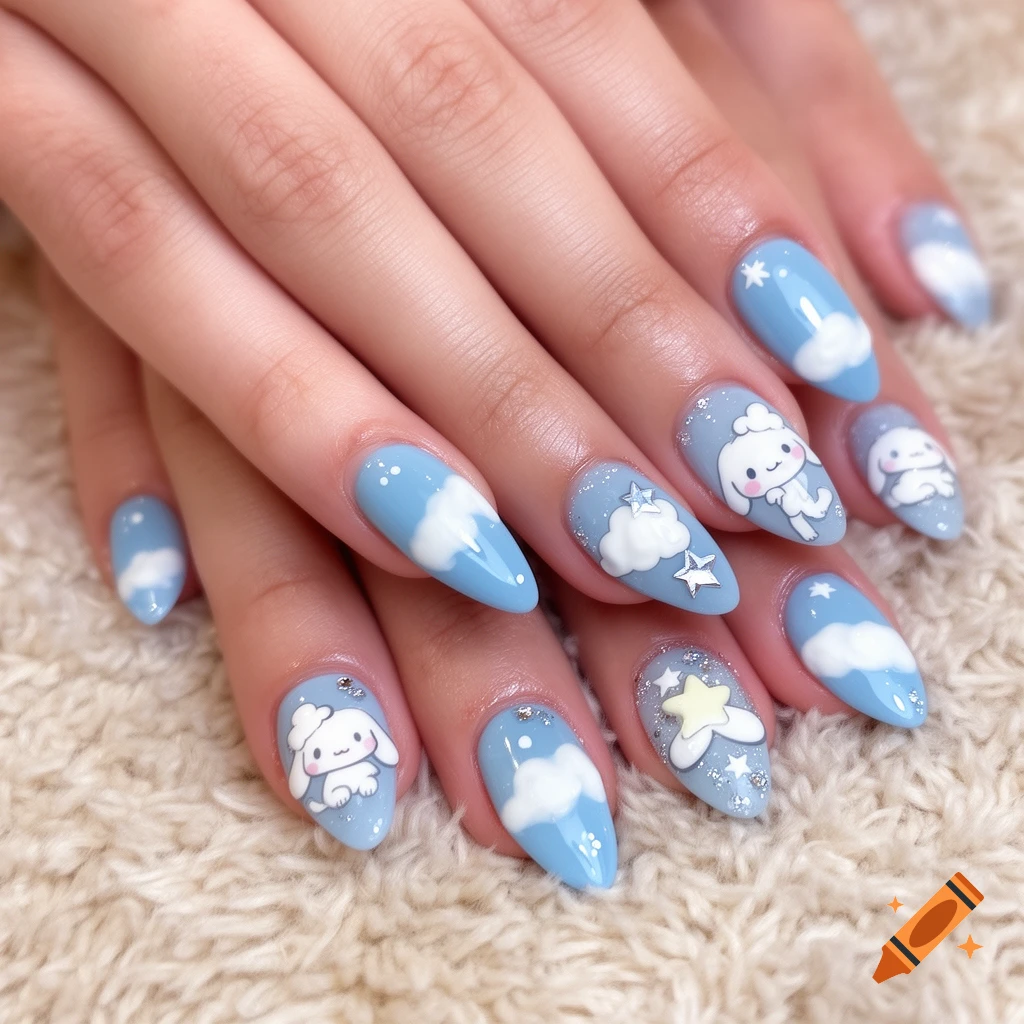 Close-up of hands with light blue almond-shaped nails featuring white clouds, Cinnamoroll characters, and glittery star accents.