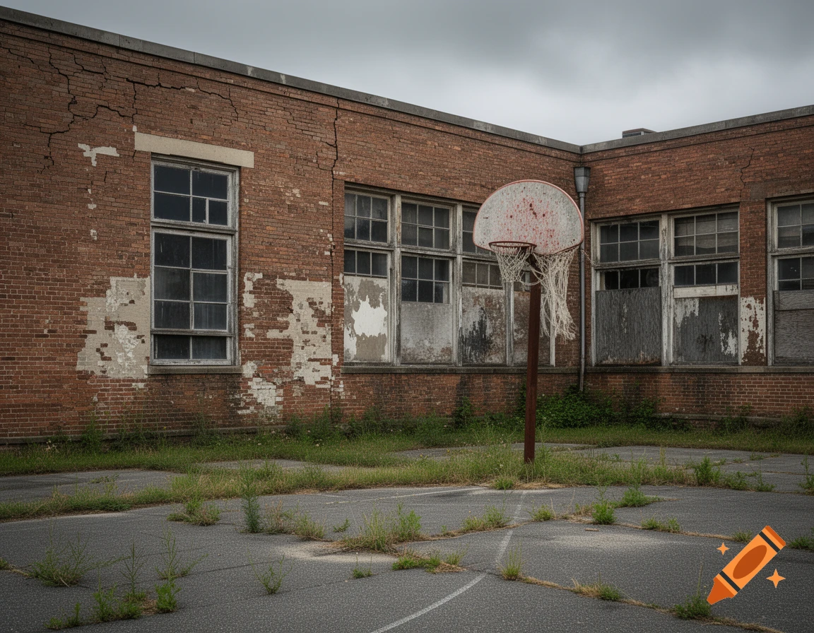 An abandoned red brick school building with broken windows and peeling paint, fronting an overgrown, cracked basketball court with a worn hoop.