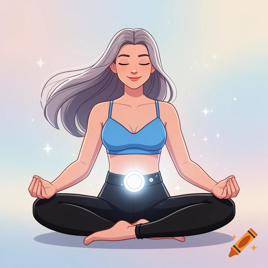 A 2D animated woman with gray hair meditating, wearing a blue sports bra, black leggings, and a glowing belt buckle.