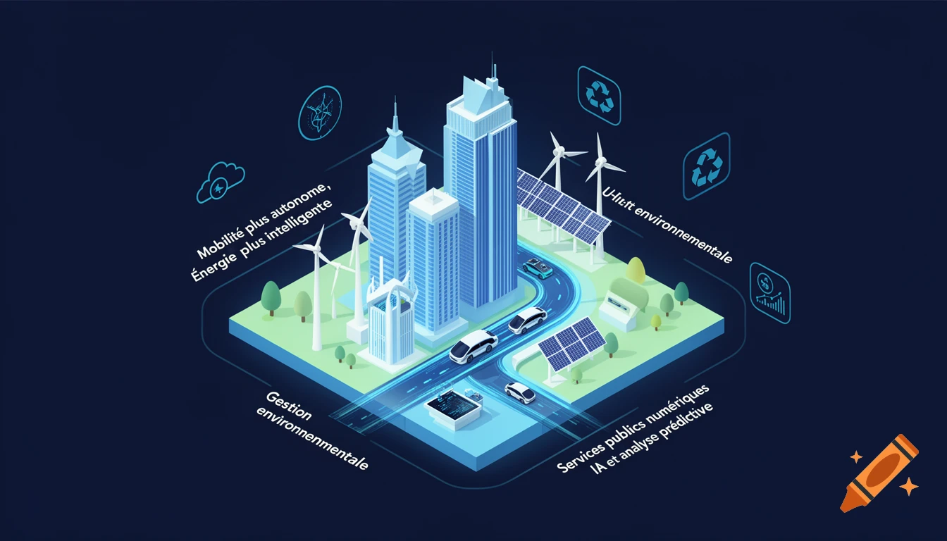 Isometric illustration of a smart city with skyscrapers, electric cars, wind turbines, solar panels, and text labels for autonomous mobility, smart energy, environmental management, and digital public services.