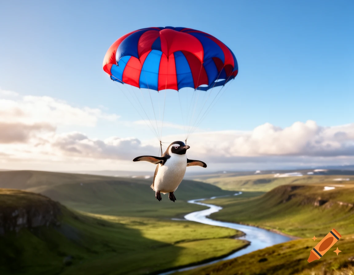 A penguin parasailing with a red and blue parachute over a green, hilly landscape with a winding river under a blue sky.