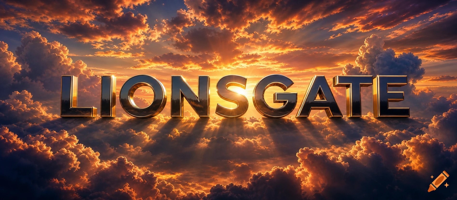 Metallic LIONSGATE logo against a dramatic, cloudy sunset sky with sun rays.
