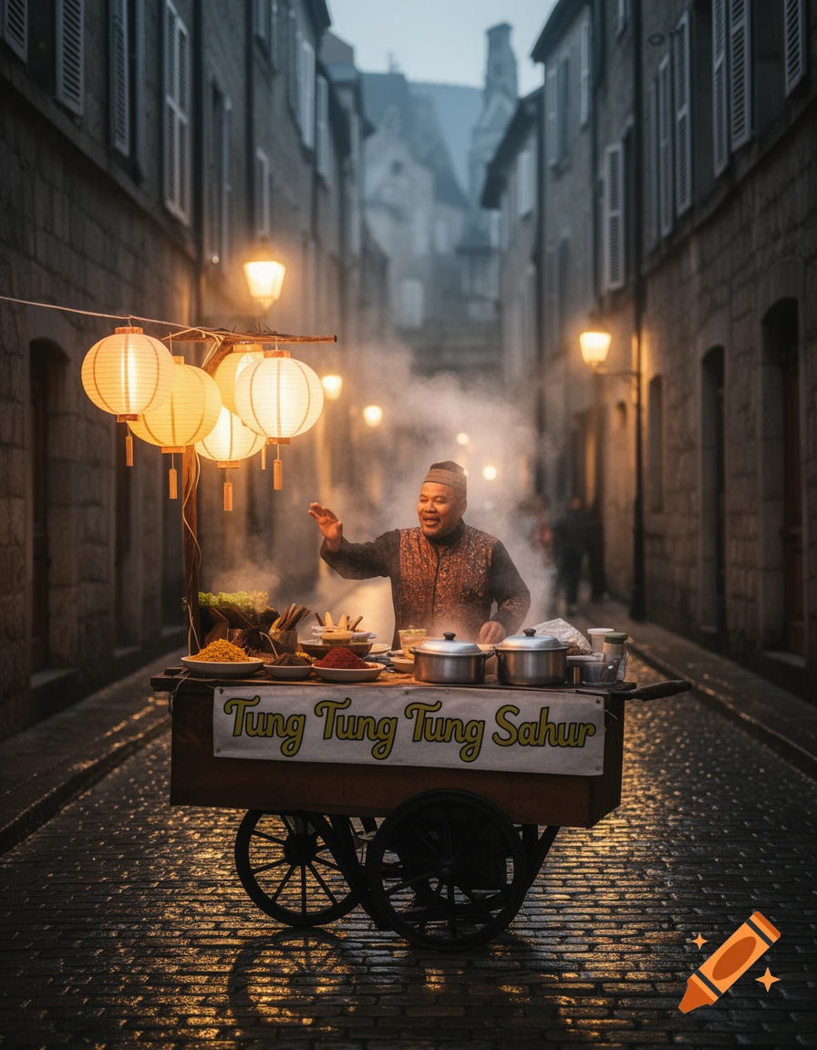 A man smiles behind a steam-billowing food cart with glowing lanterns on a wet, cobblestone street at night, with old buildings lining the background.