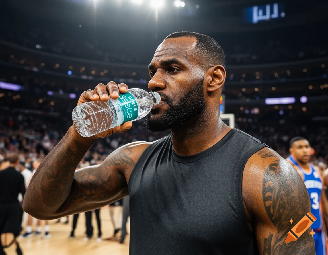 LeBron James drinks bottled water, looking to his right during a basketball game in a brightly lit arena.