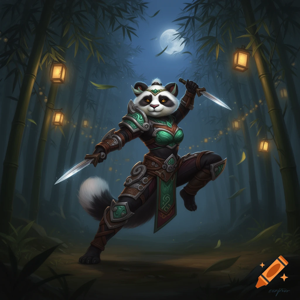 A Pandaren female rogue poses with two daggers in a moonlit bamboo forest with glowing lanterns, fantasy digital art.