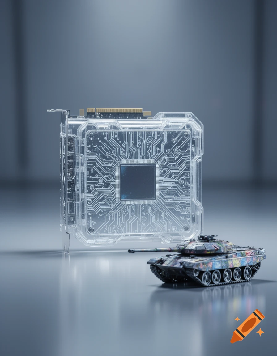 A transparent circuit board stands behind a small, colorful camouflage toy tank on a reflective grey surface.