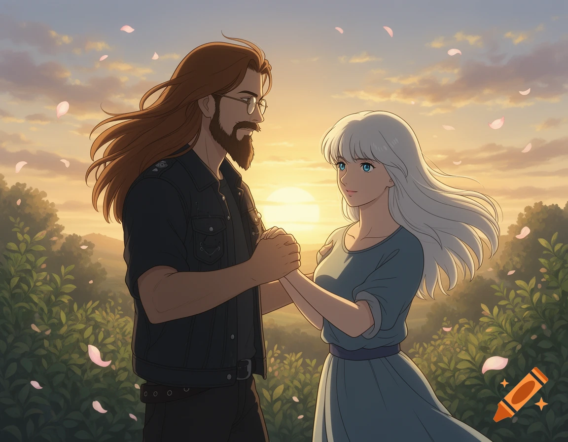 An anime couple dances at sunset. The man has long brown hair and a beard, the woman has white hair. Pink petals fall around them in a Ghibli style scene.