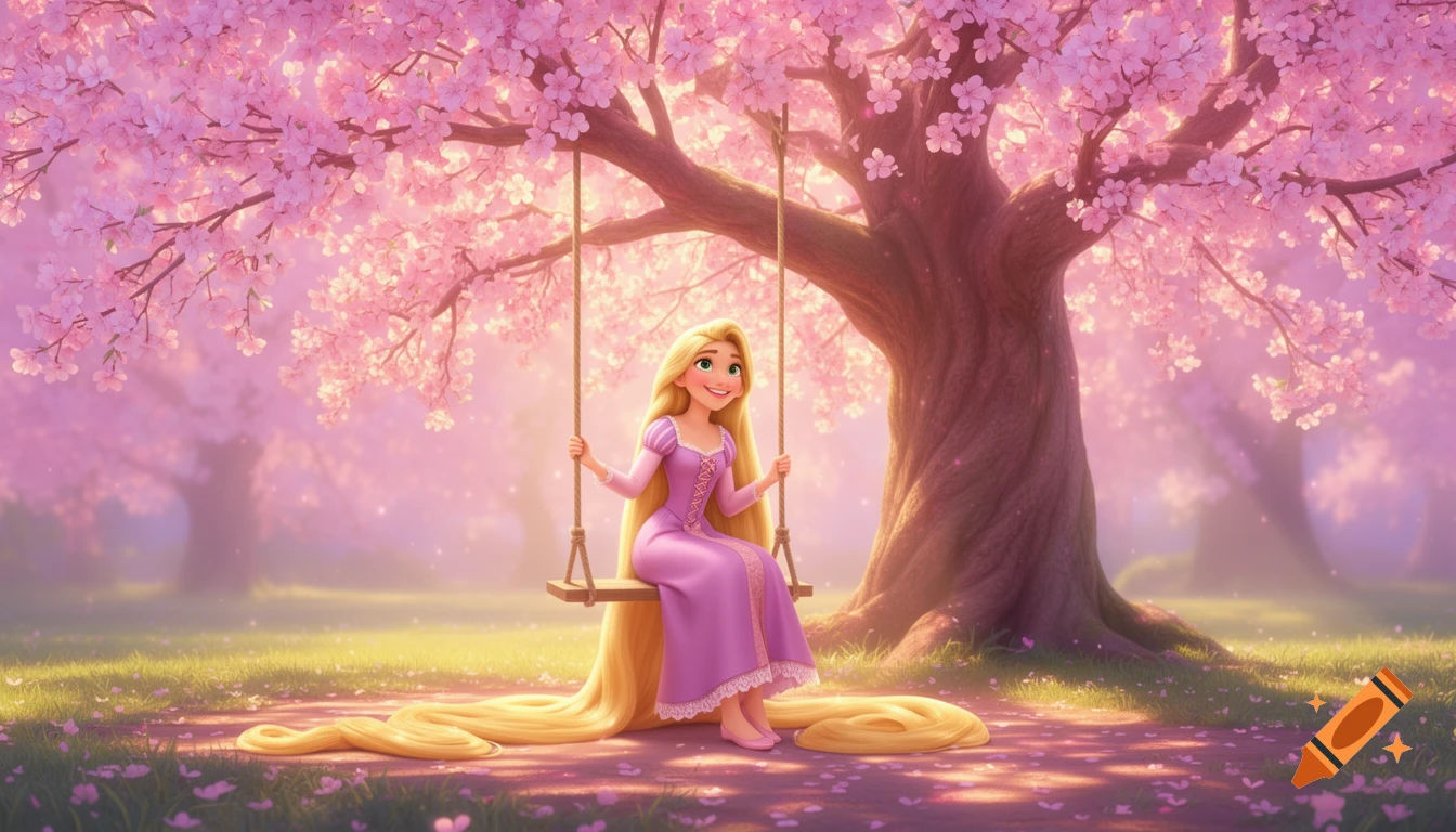 Rapunzel on a swing under a glowing pink cherry blossom tree, in classic 2D Disney animation style.