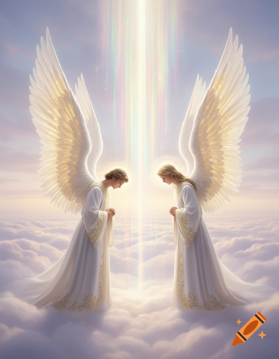 Two winged angels in white robes bow gracefully amidst soft clouds, illuminated by a celestial light beam.