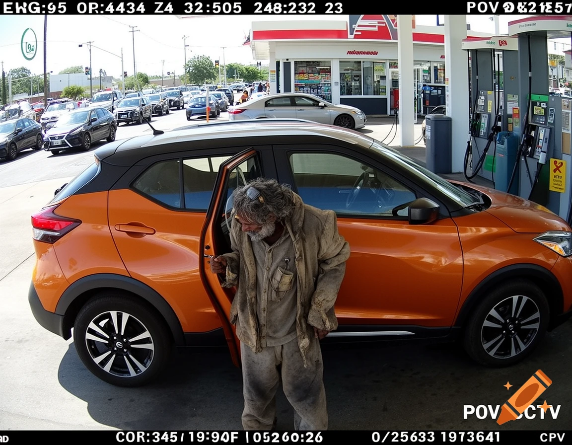 A man in disheveled clothing opens the door of an orange Nissan Kicks at a gas station, captured from a CCTV point of view.