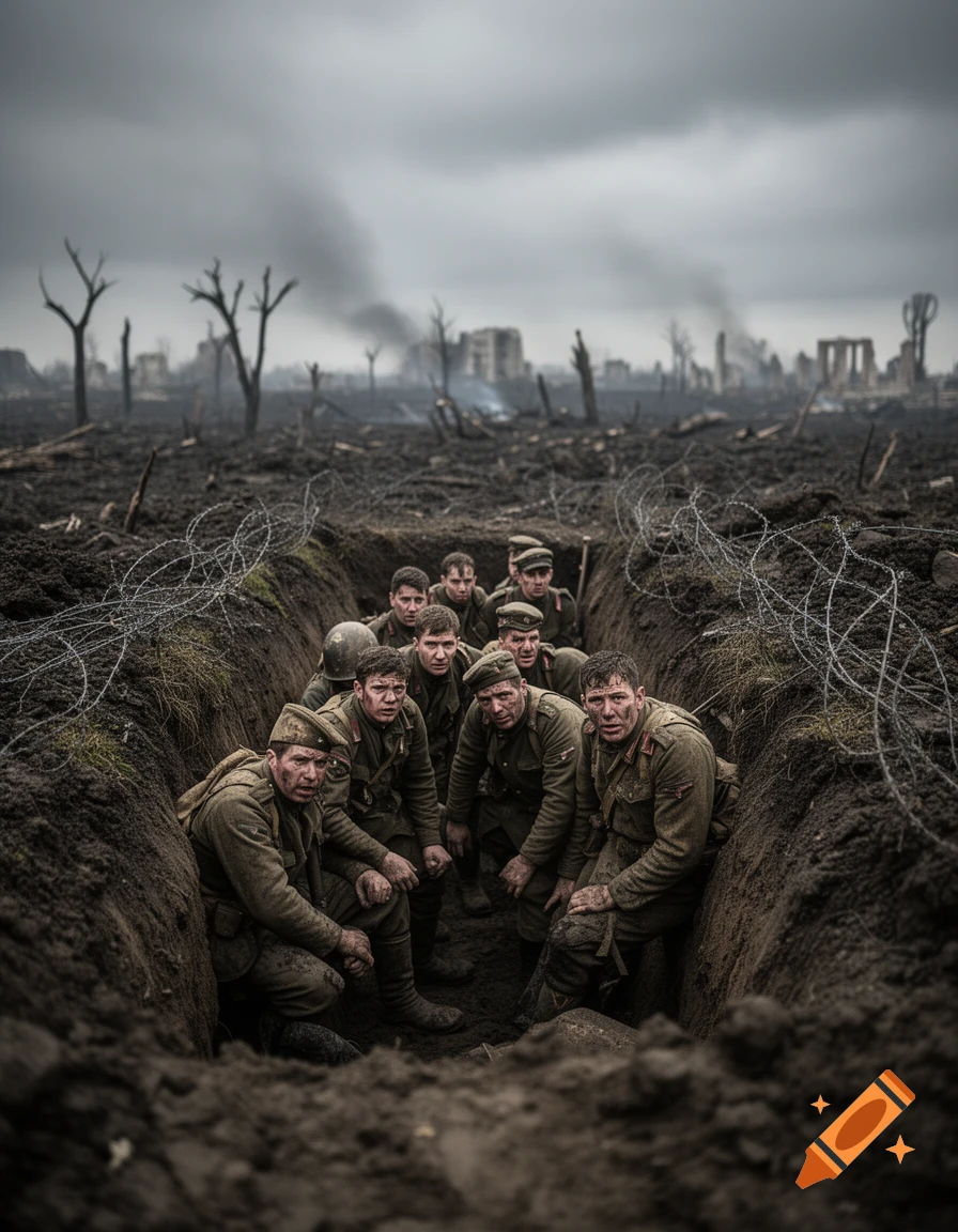 Photorealistic image of soldiers in a muddy trench, looking up with weary expressions, amidst a desolate, smoky battlefield.
