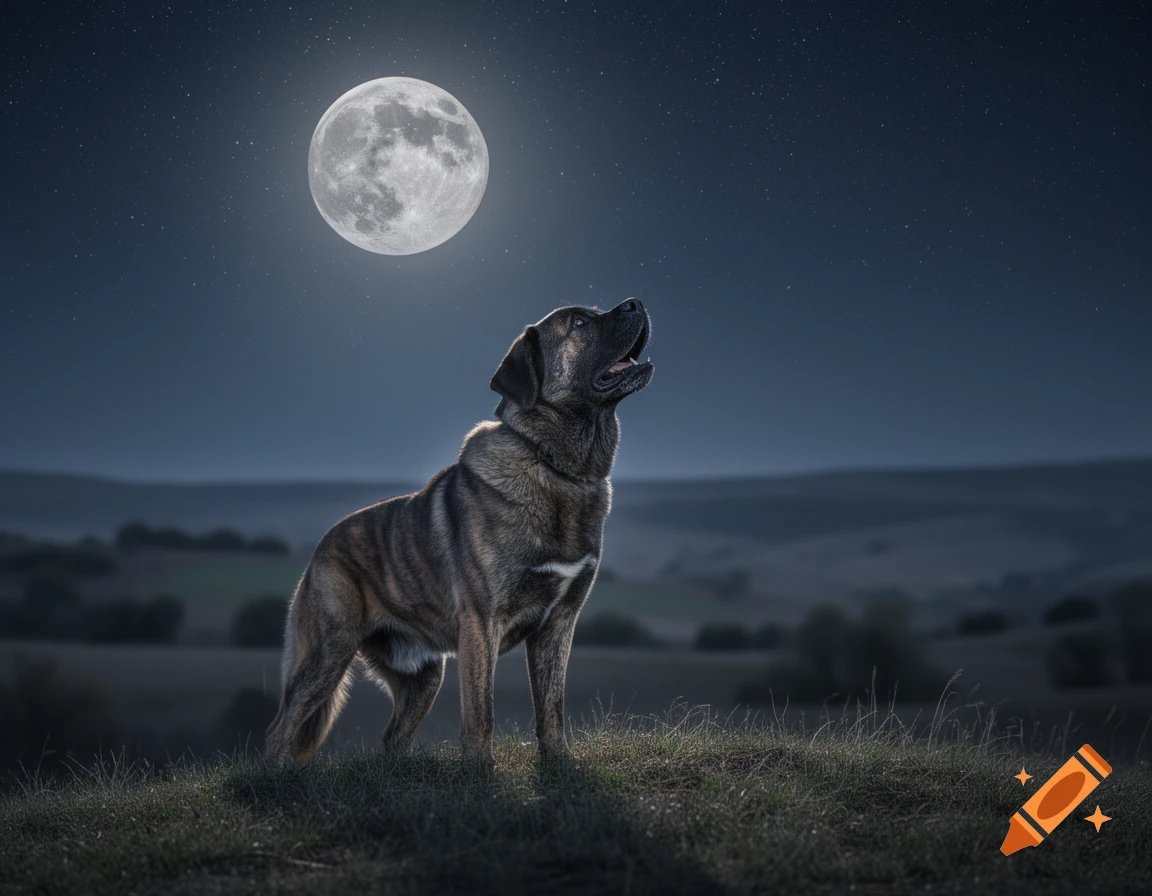 A large brindle dog stands on a grassy hill, looking up at a bright full moon in a starry night sky. Photorealistic style.
