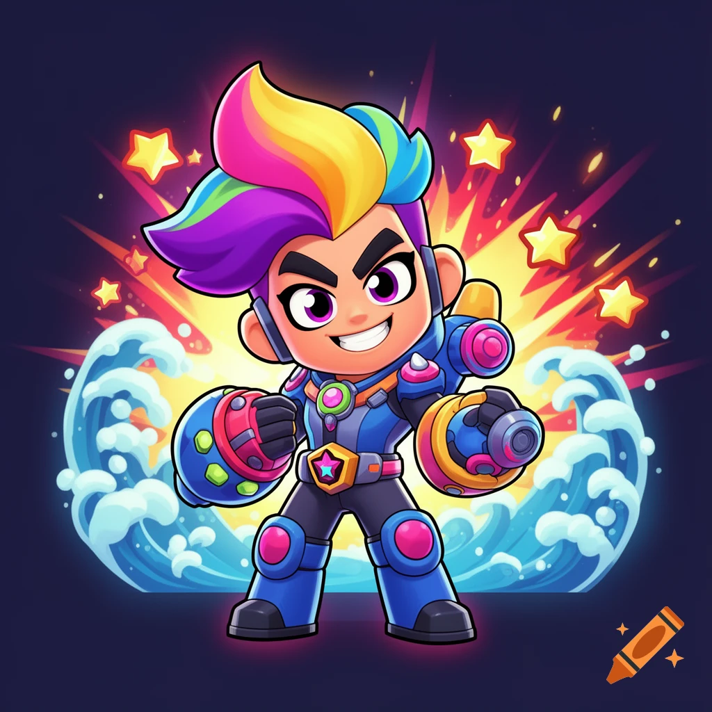 A vibrant, cartoonish character with rainbow hair and large armored fists in a blue suit stands against an explosive background with waves.