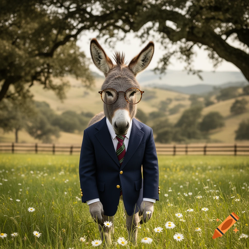 A photorealistic donkey wearing a preppy suit, tie, and glasses stands in a field of flowers with trees and hills.