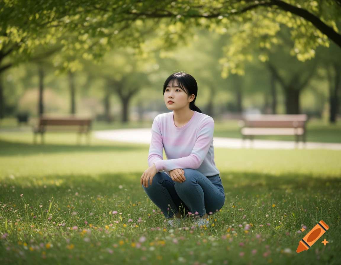 A young Korean girl squats in a sunny green park, looking forward. Small flowers dot the grass; trees blur in the background.