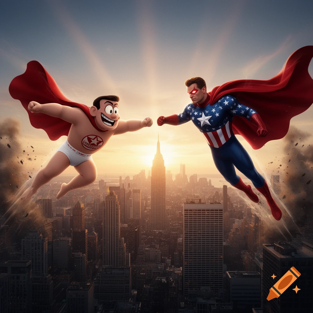 Captain Underpants and a Homelander-like superhero fly above a city at sunset, appearing ready to clash.