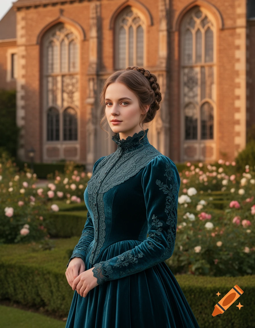 A woman in a dark teal Victorian dress with intricate lace details stands in a rose garden before a grand brick building.